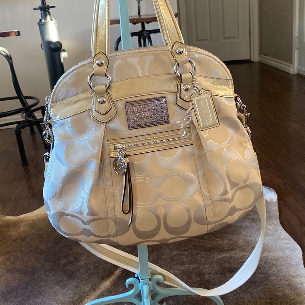 Coach Poppy Signature Gold Jacquard Tote with Crossbody Strap